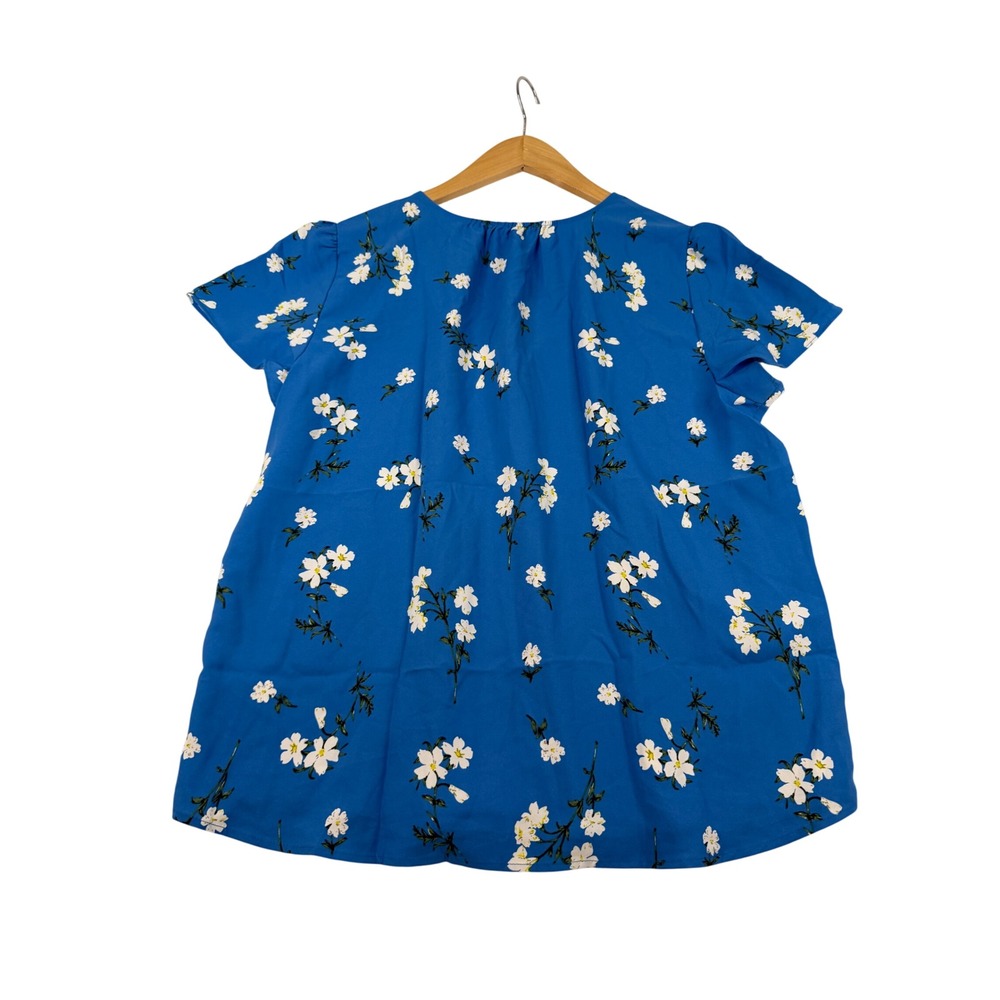 Hilary Radley Blue White Floral V-Neck Short Sleeve Blouse Top Large NEW - Picture 2 of 8